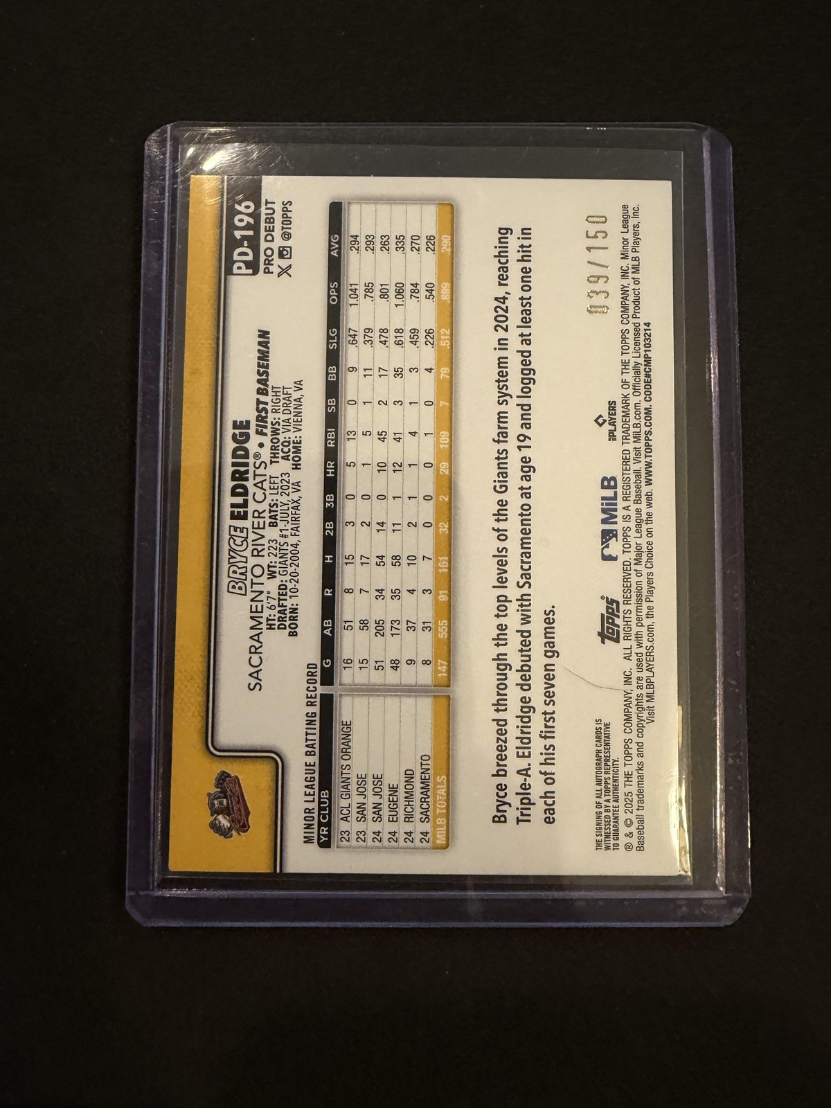 2025 Topps Pro Debut #PD-196 Bryce Eldridge Base Autographs Blue #/150