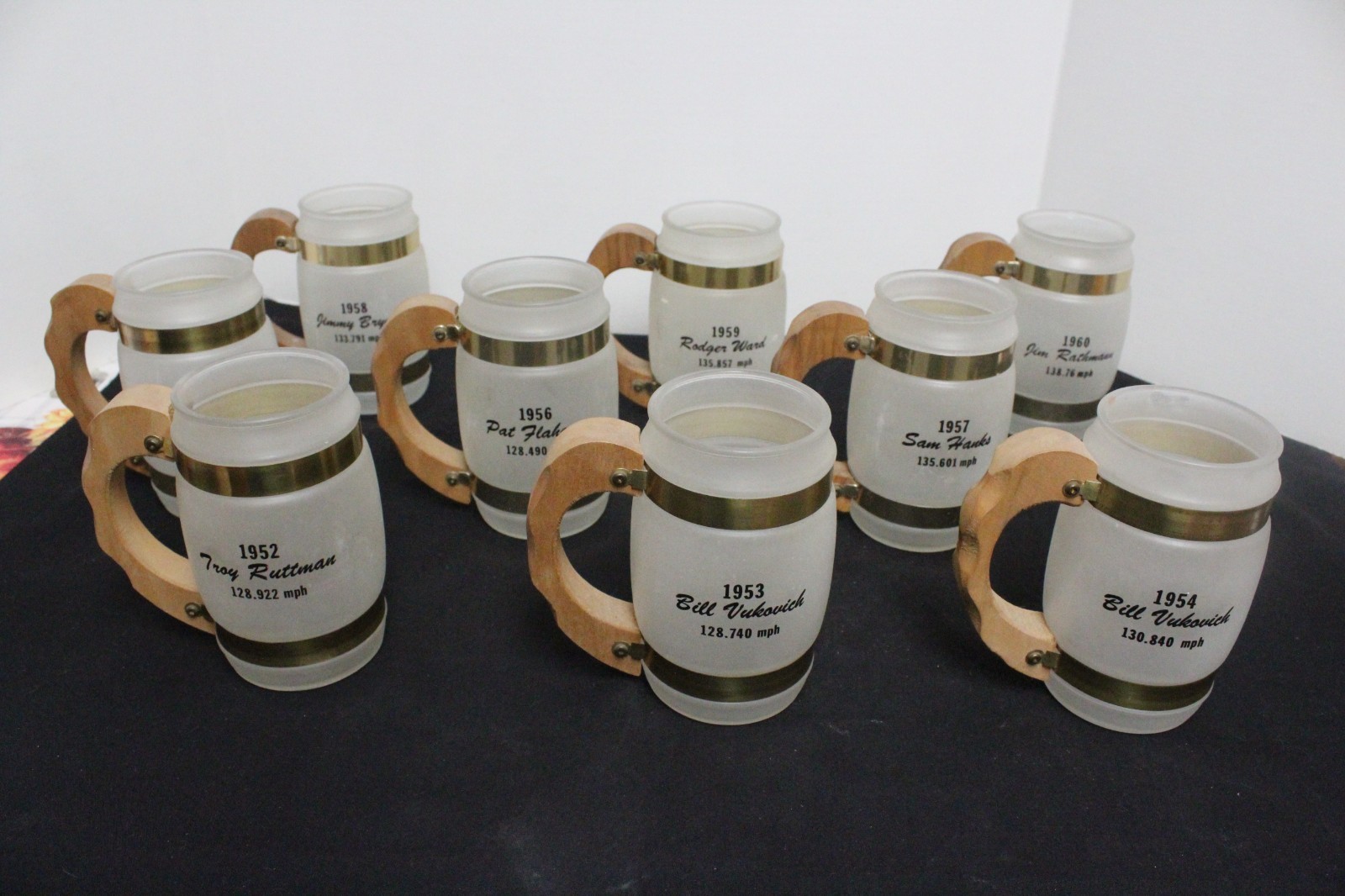 Set of 9 Siesta Ware Indy 500 Frosted Glass, Wood & Metal Mugs 1952-1960