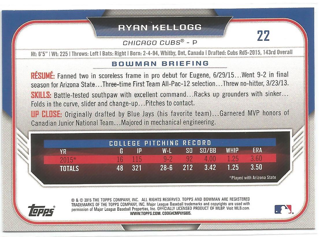 Ryan Kellogg Chicago Cubs 2015 Bowman Draft Prospect