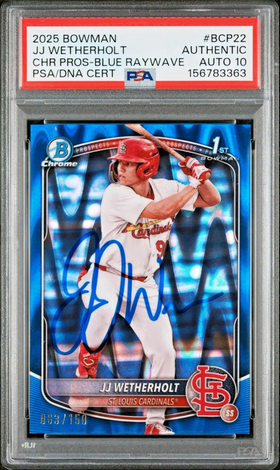 JJ Wetherholt Signed 2025 1st Bowman Blue Ray Wave Refractor 150 PSA Auto Gem 10