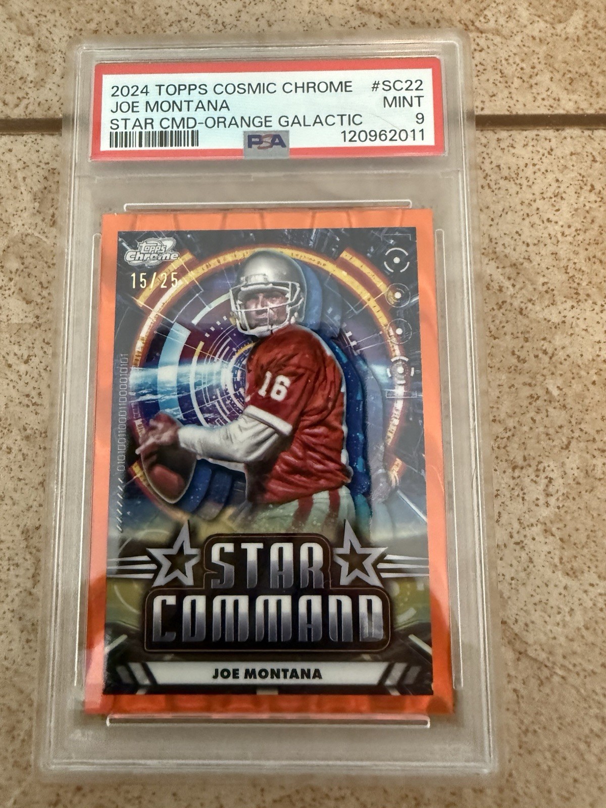 2024 TOPPS COSMIC CHROME STAR COMMAND ORANGE GALACTICk Joe Montana 15/25 PSA 9