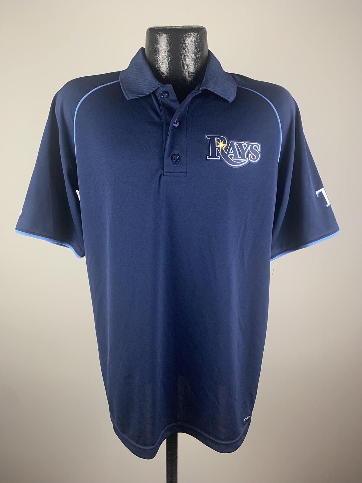 Men’s Majestic Cool Base Tampa Bay Rays Navy Alternate Rays Logo SS Polo Large