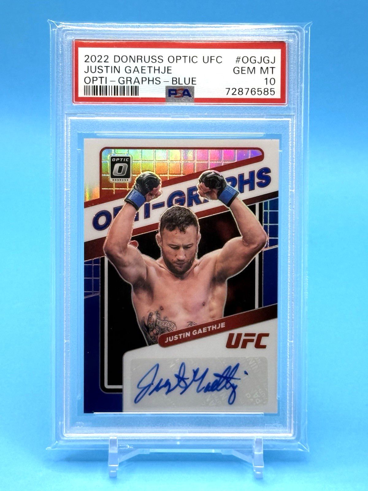 2022 Donruss UFC Optic JUSTIN GAETHJE Opti-Graphs Blue Auto #19/25 – PSA 10