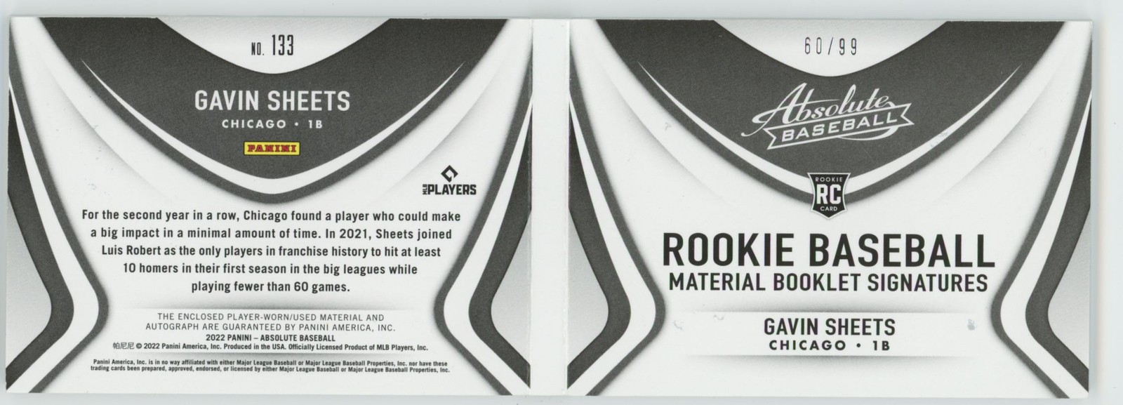 Gavin Sheets 2022 Panini Absolute Booklet Auto /99 #133 Chicago White Sox