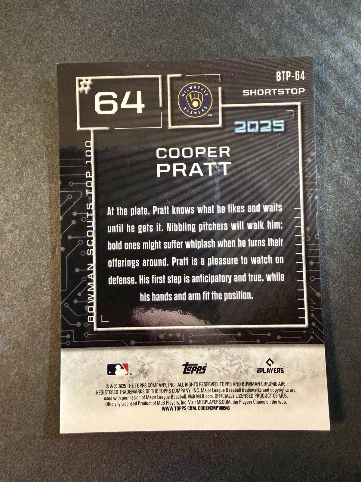 2025 Bowman Scouts Top 100 Chrome Cooper Pratt #BTP-64 Gold Refractor /50