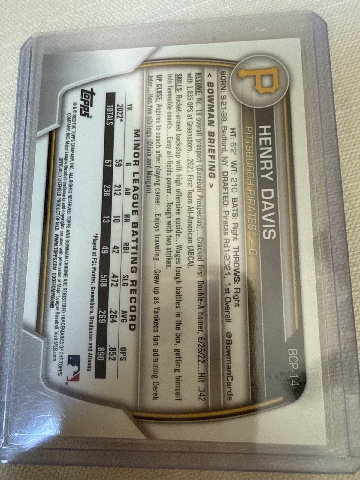 2023 Bowman Chrome Prospects Henry Davis Aqua Lunar Crater /125 BCP-14