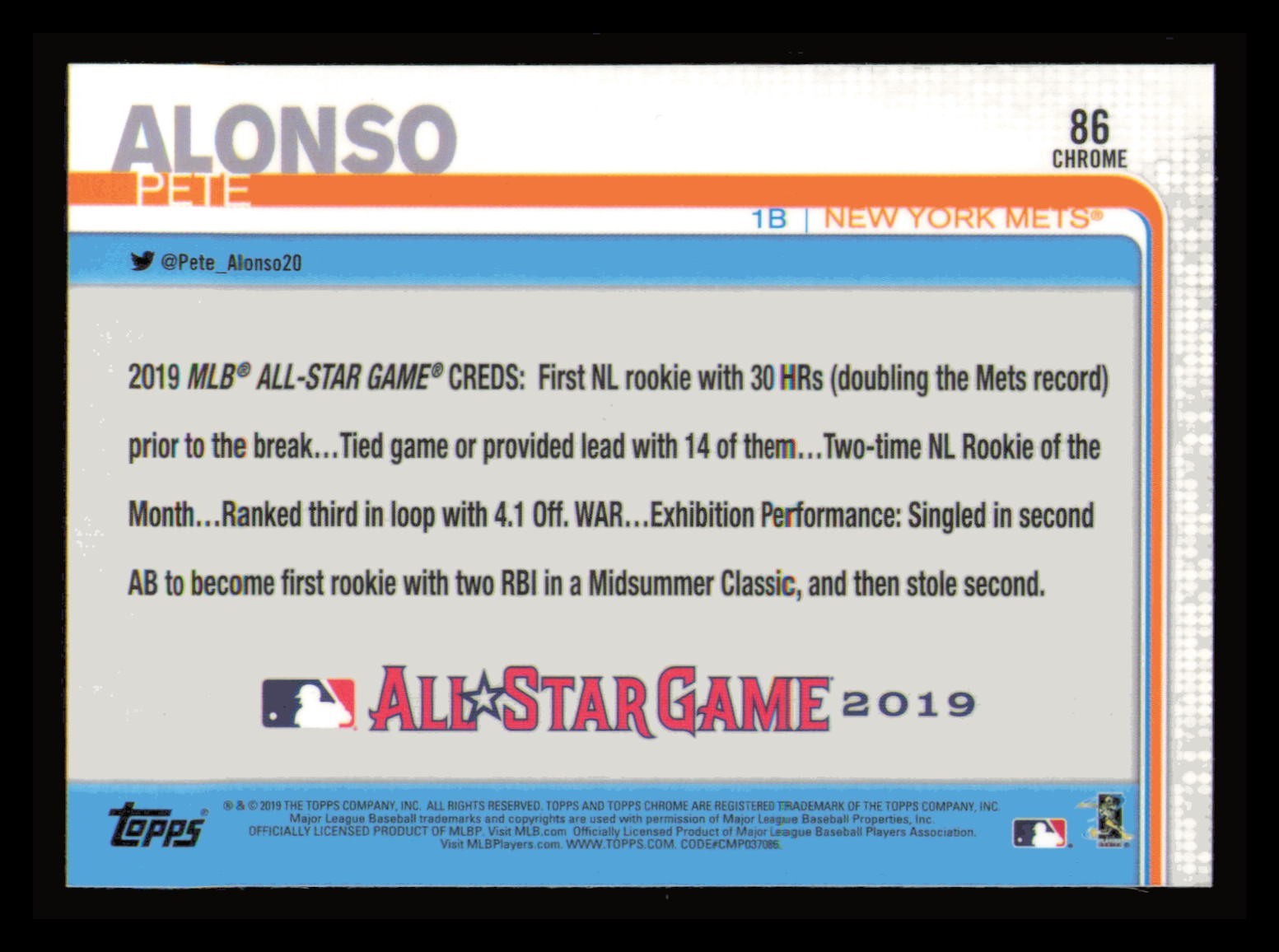 Pete Alonso 2019 Topps Chrome Update ASG RC Rookie Card #86 Chrome Mets