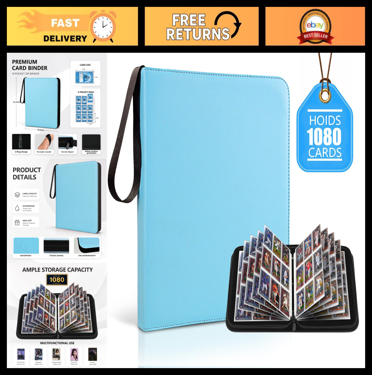 Large Capacity 9 Pocket Trading Card Binder – Holds 1080 Cards, Double-Sided Sle