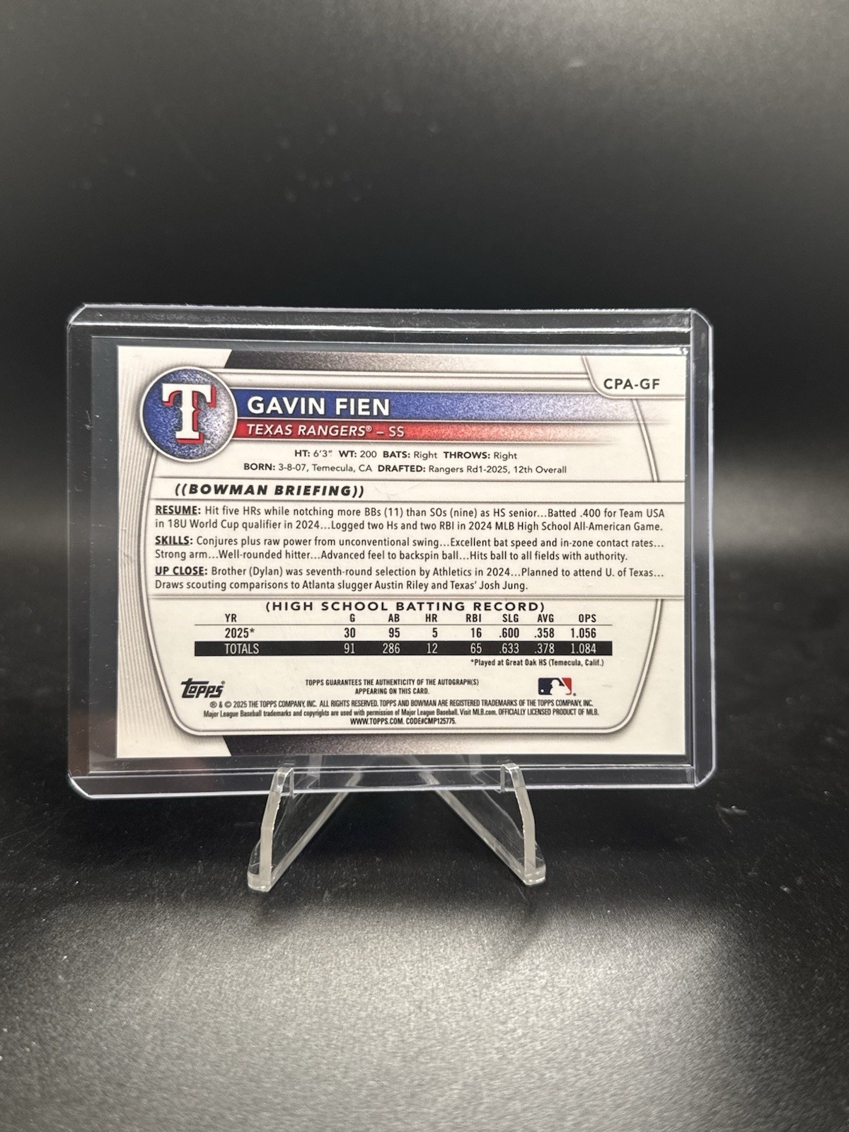 2025 Bowman Draft Gavin Fien Chrome Auto 1st Prospect #CPA-GF Rangers NATIONALS!