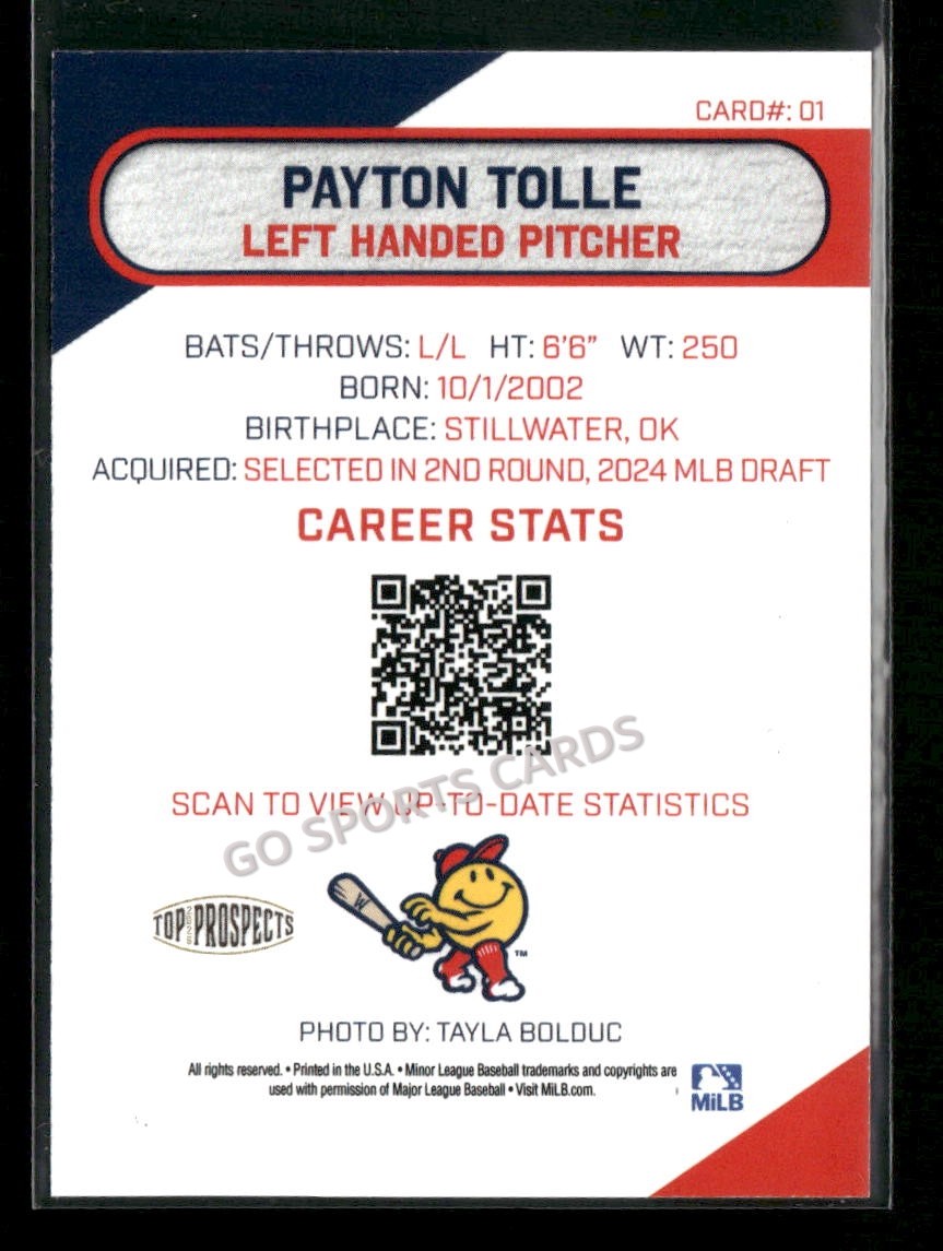 2026 AAA Top Prospects Worcester Red Sox Payton Tolle RC Rookie Boston