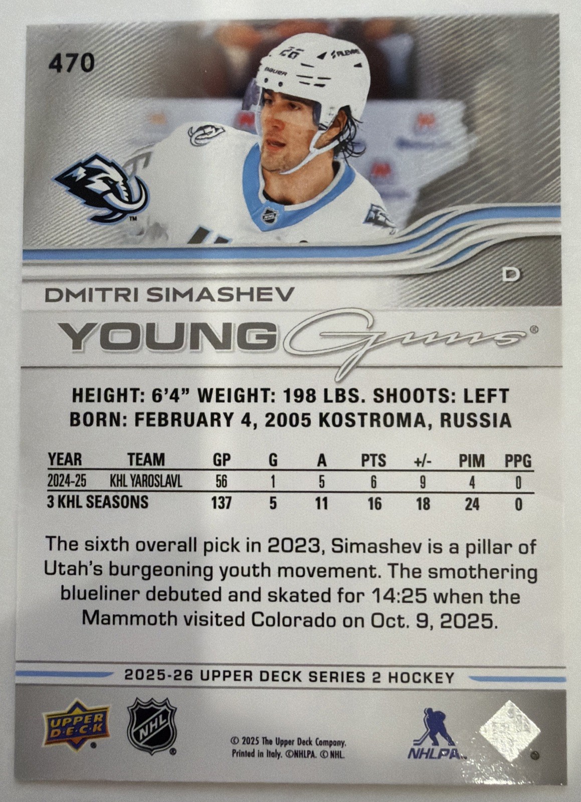 2025-26 Upper Deck Series 2 #470 Dmitri Simashev Young Guns Utah Mammoth