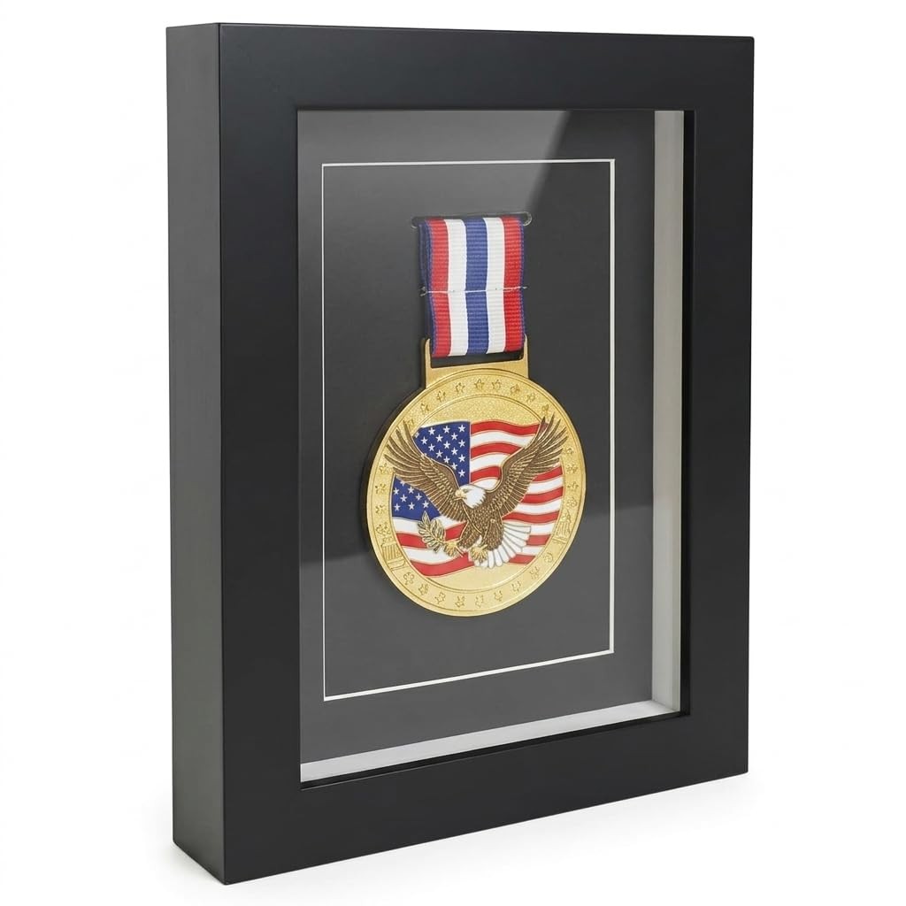 Medal Display Case Shadow Box 6×8 – Black Solid Wood Medal Frame with Real Gl…