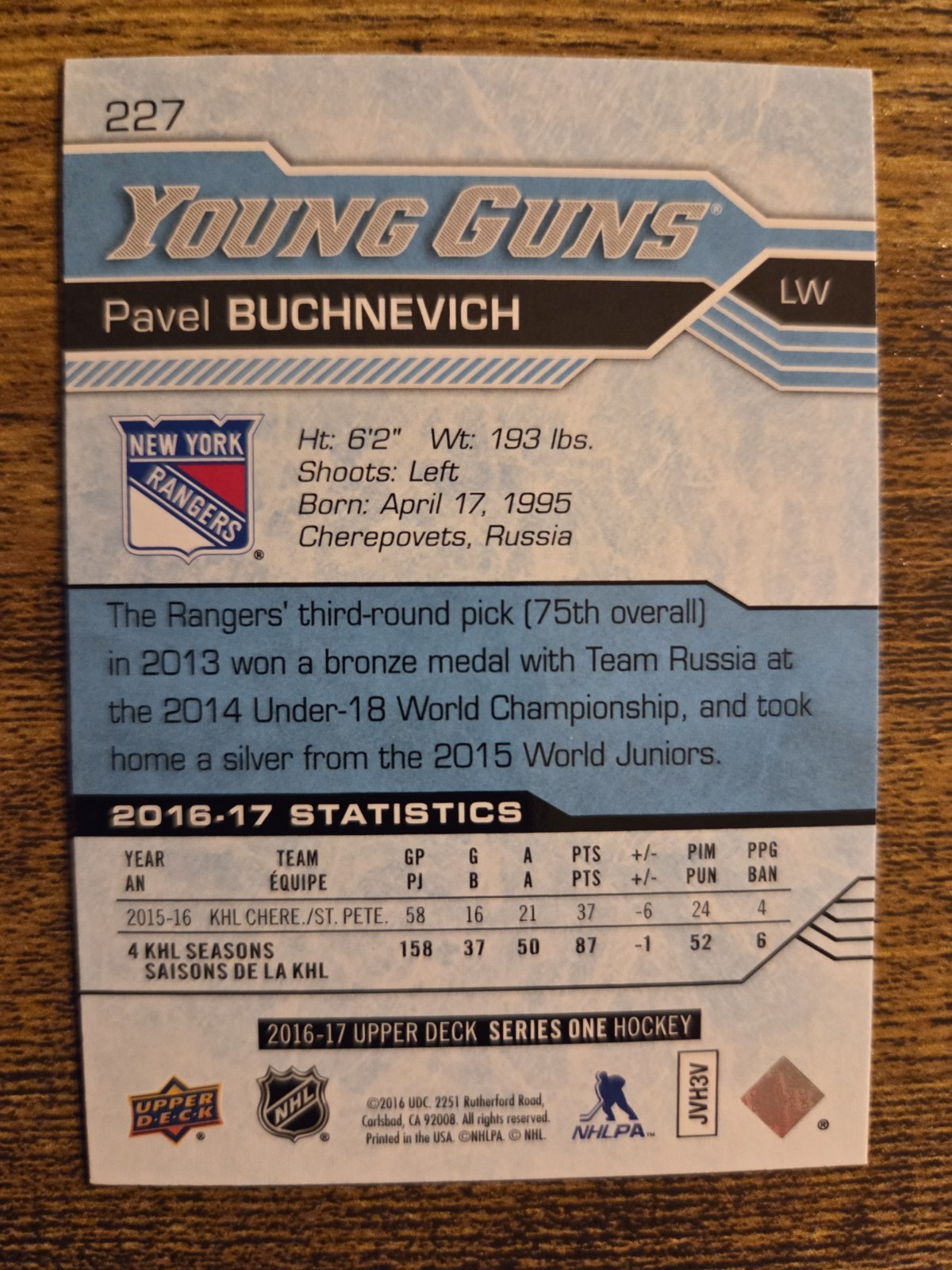 2016-17 Upper Deck UD Young Guns YG Pavel Buchnevich Rookie Card RC #227 Rangers