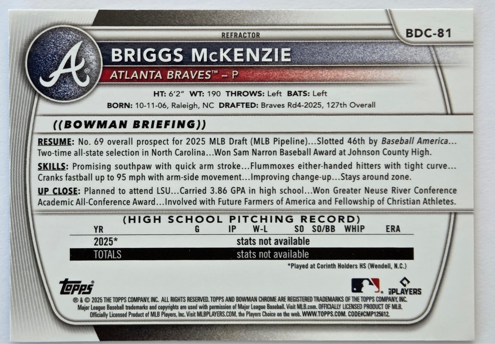 Briggs McKenzie 2025 Bowman Draft Refractor 1st Bowman #BDC-81 Braves