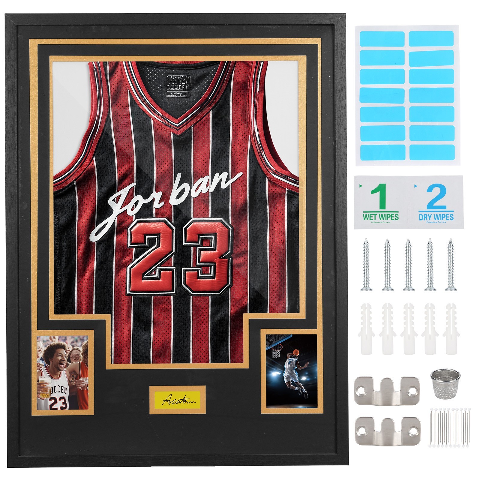 Black & Gold Jersey Display Case, Wall Mount Frame w/ Mat, Photo Slot & Hardware