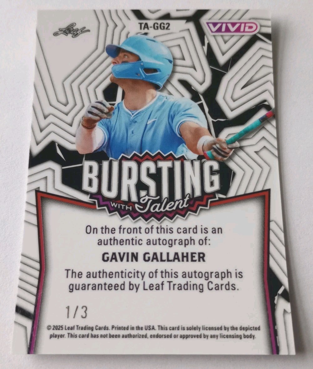 Gavin Gallaher 2025 Leaf Vivid Bursting with Talent Auto 1/3 North Carolina Star