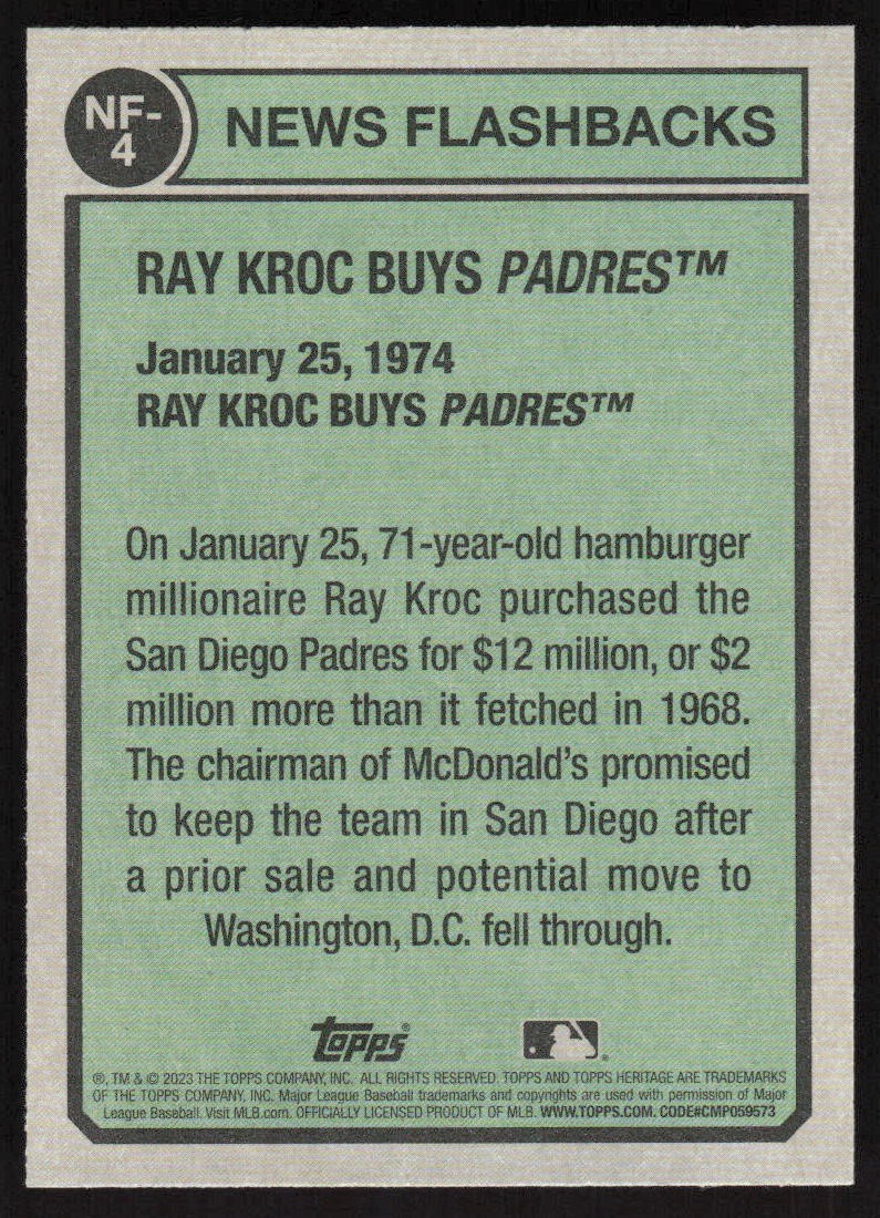 2023 Topps Heritage News Flashbacks Ray Kroc Buys Padres #NF-4 Padres