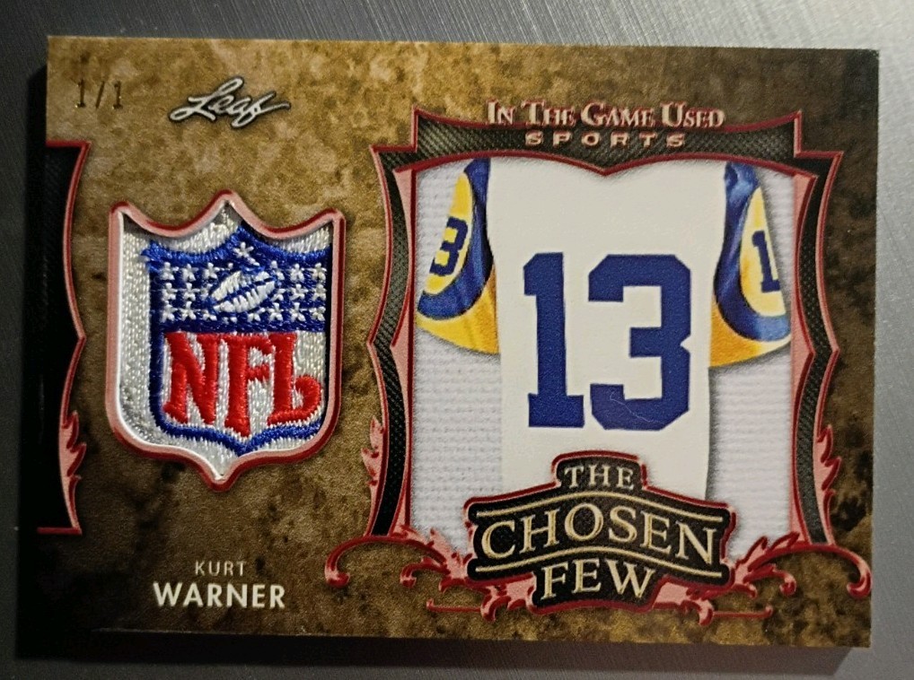 Leaf Chosen Few Kurt Warner 1/1 Game Worn Used Shield Logo Patch Rams