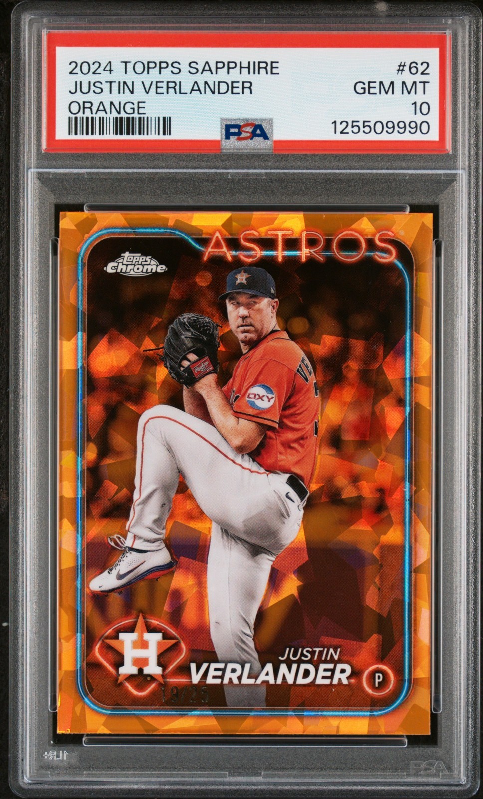 JUSTIN VERLANDER 2024 TOPPS CHROME SAPPHIRE #62 ORANGE /25 PSA 10 COLOR MATCH