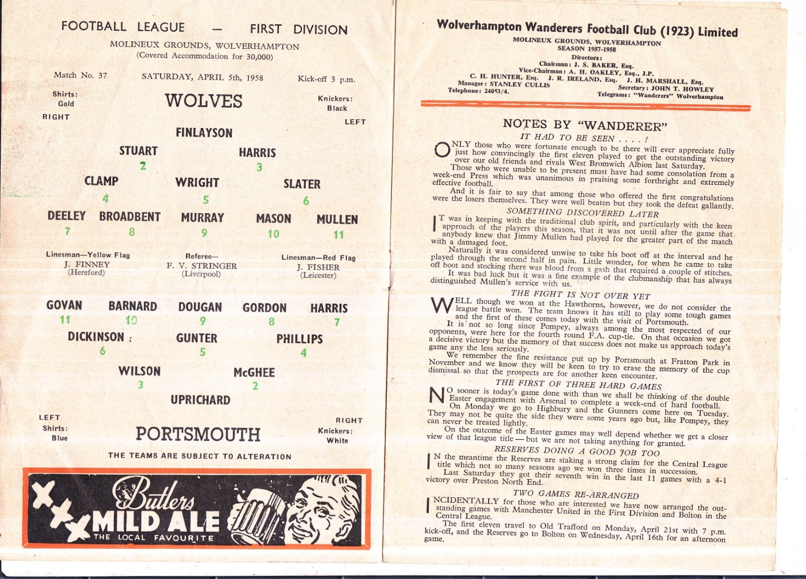 1957 1958 . Wolverhampton Wanderers v PORTSMOUTH