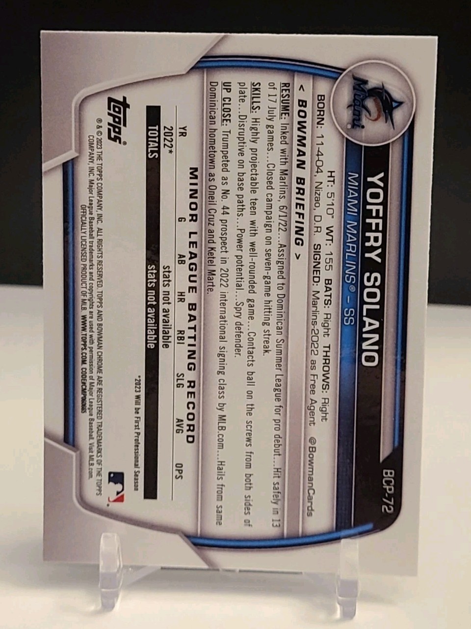 2023 Bowman – Chrome Prospects Yoffry Solano #BCP-72 1st Bowman RC