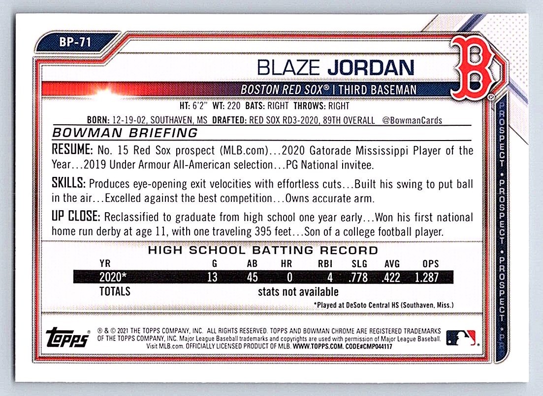 BLAZE JORDAN RED SOX RC 1st card 2021 BOWMAN PROSPECTS #BP-71
