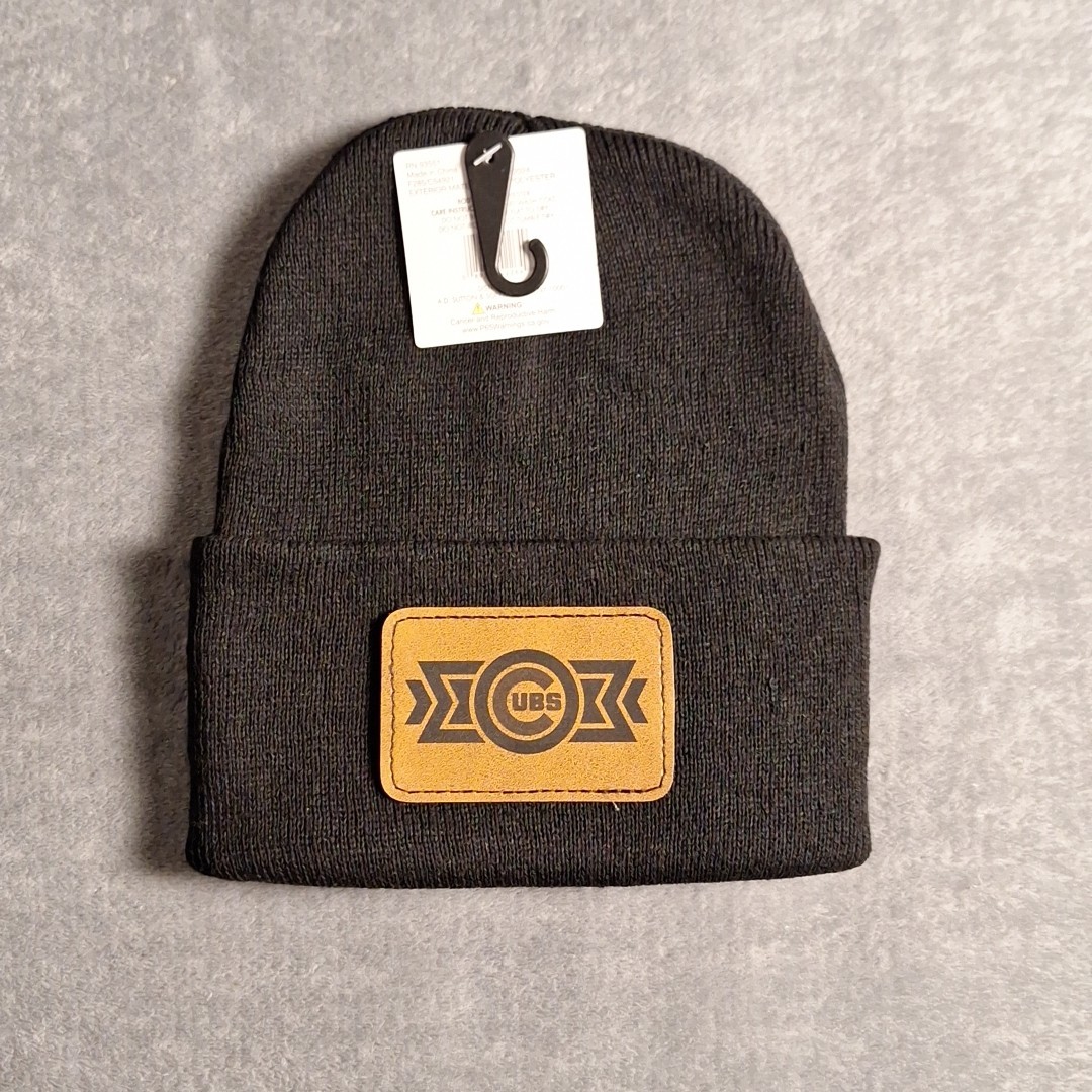 Chicago Cubs Leather Rectangle Patch Black Beanie Cap MLB