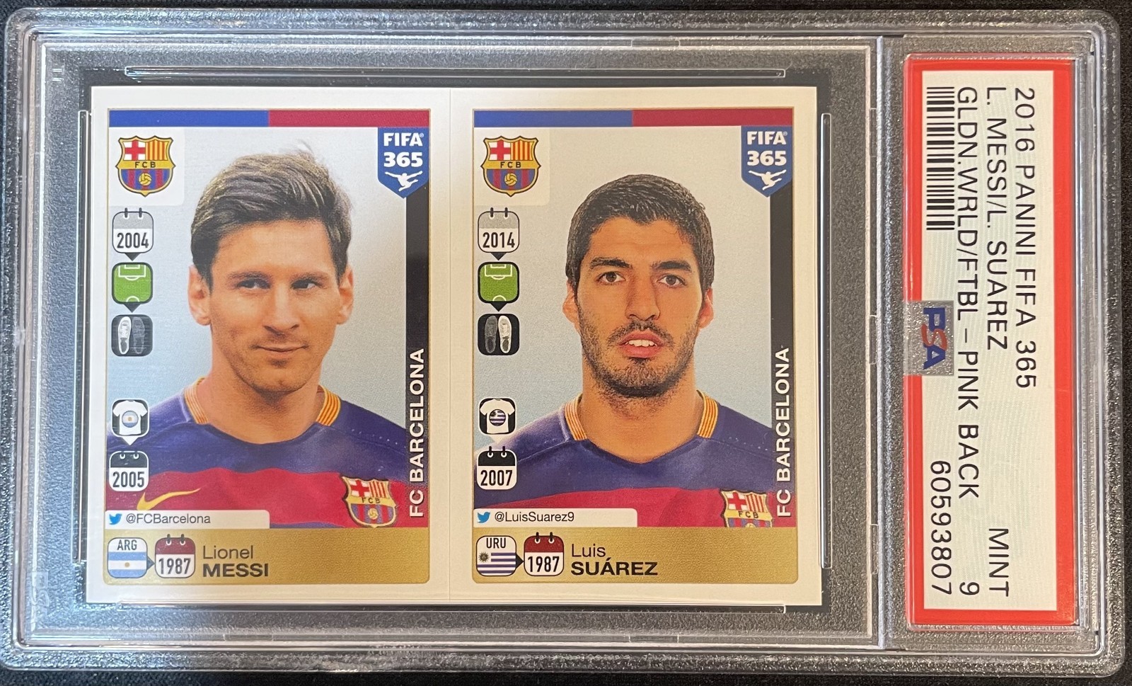 2016 Panini FIFA 365 Messi/Suarez Pink Back PSA 9 #367/368 FC Barcelona