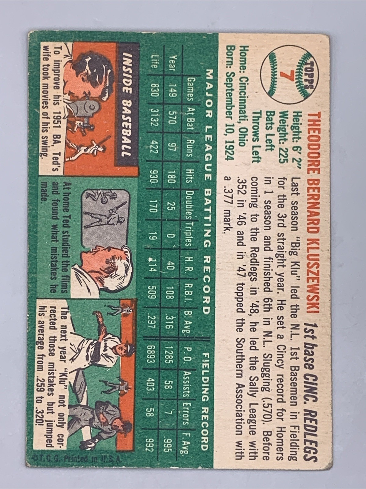 1954 Topps Ted Kluszewski #7 White Back Cincinnati Red legs Wrinkle Corner Wear
