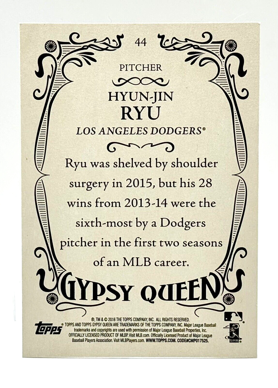 2016 Topps Gypsy Queen Purple Paper Frame #44 Hyun-Jin Ryu 97/250 Dodgers