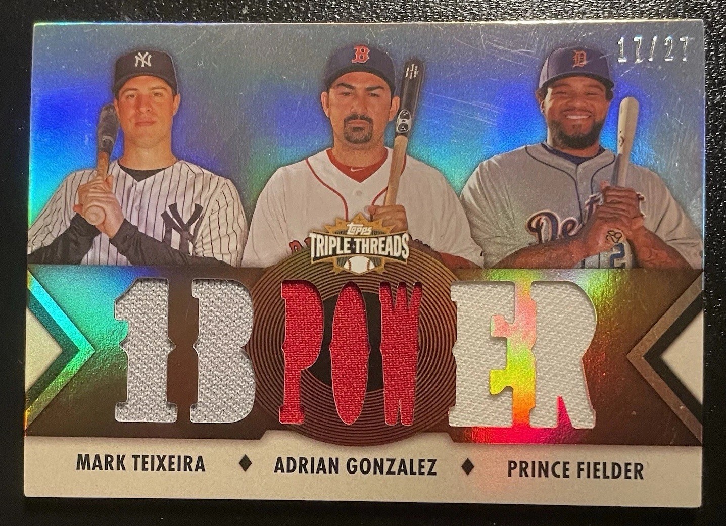 2012 Topps Triple Threads Teixeira, Gonzalez, Fielder Relic /27 #TTRC-59 (MEM)