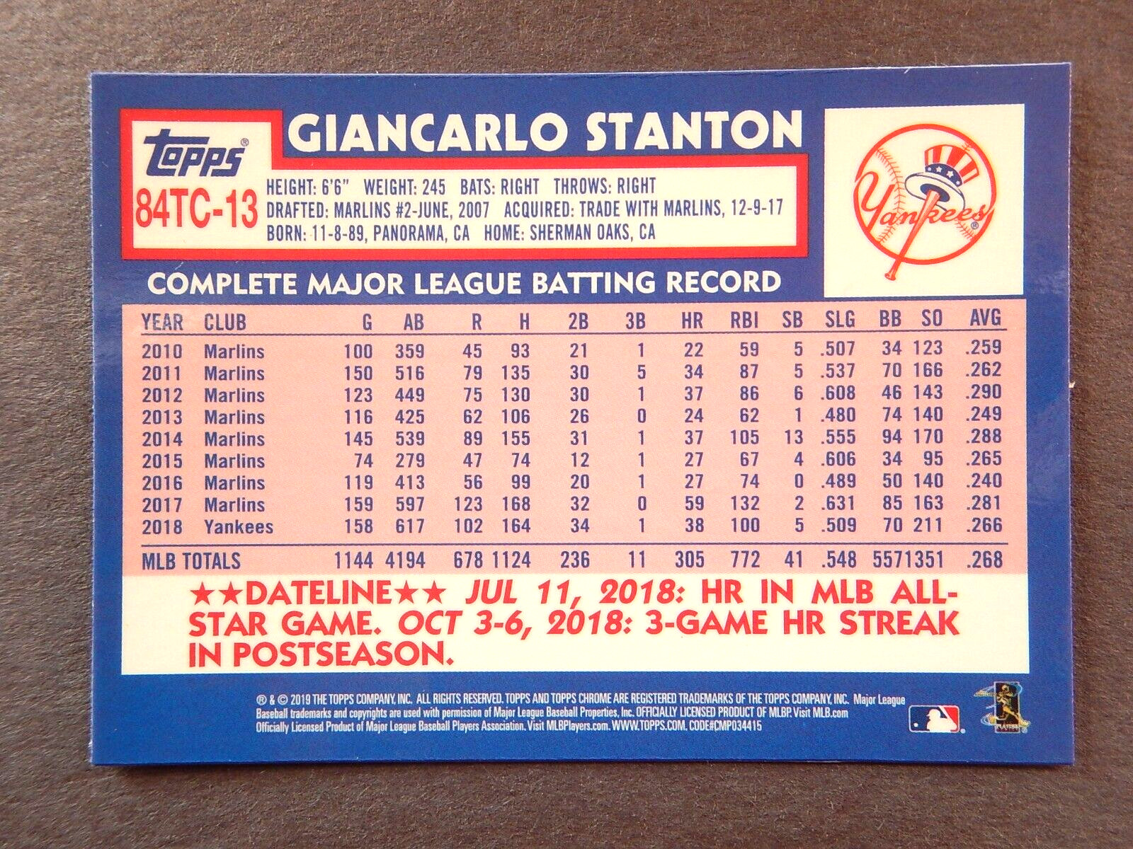 Giancarlo Stanton #84TC-13 Topps Chrome 2019 Baseball Card (New York Yankees)