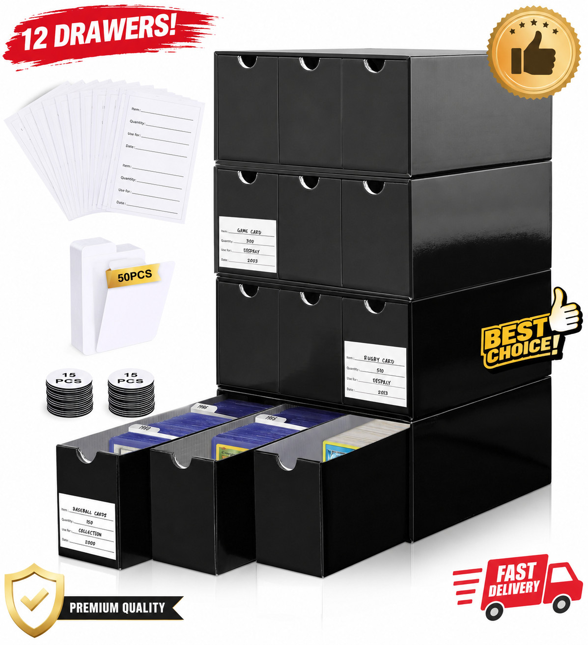 Trading Card Storage Box 12 Drawers Organizer w/ Dividers for TCG MTG Cards