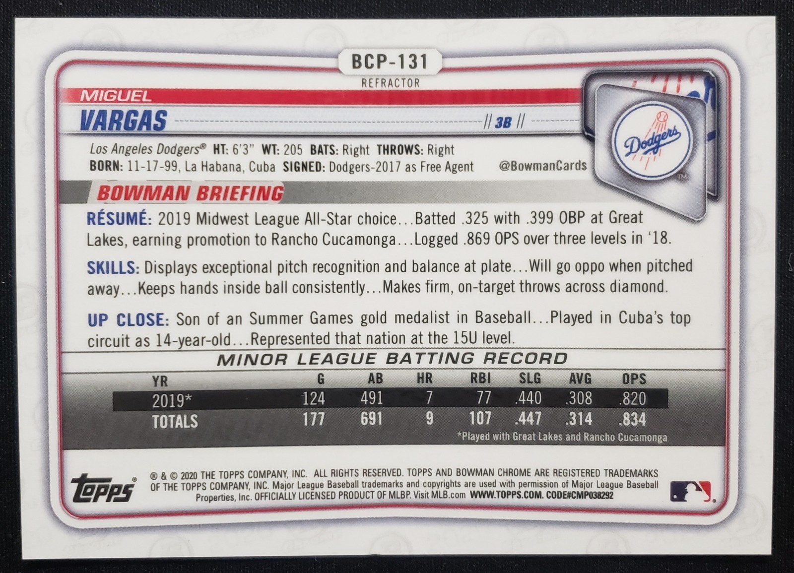 2020 Bowman Chrome MIGUEL VARGAS 1st REFRACTOR /499 RC White Sox🔥