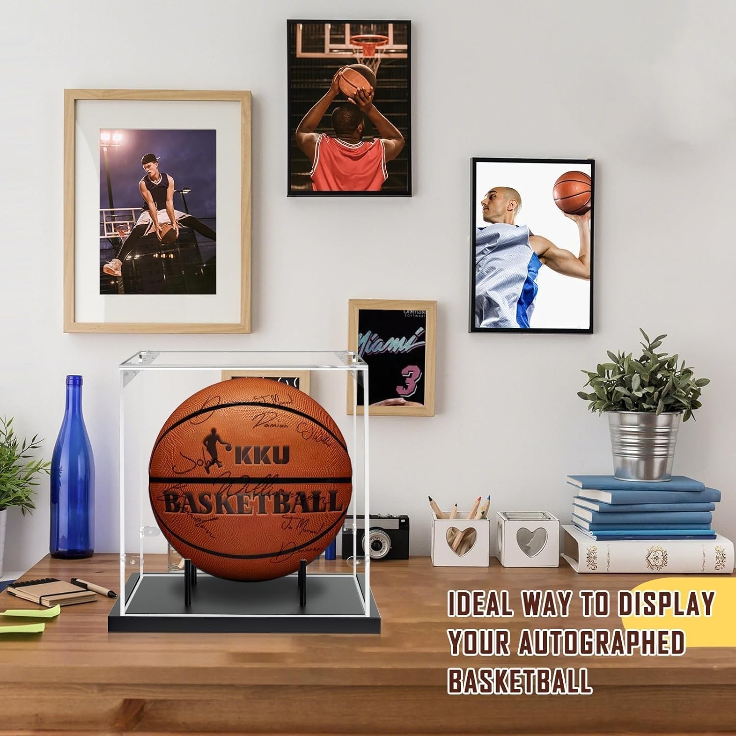 Tabletop Basketball Display Case: Black Acrylic with Wooden Base – Quick Setup