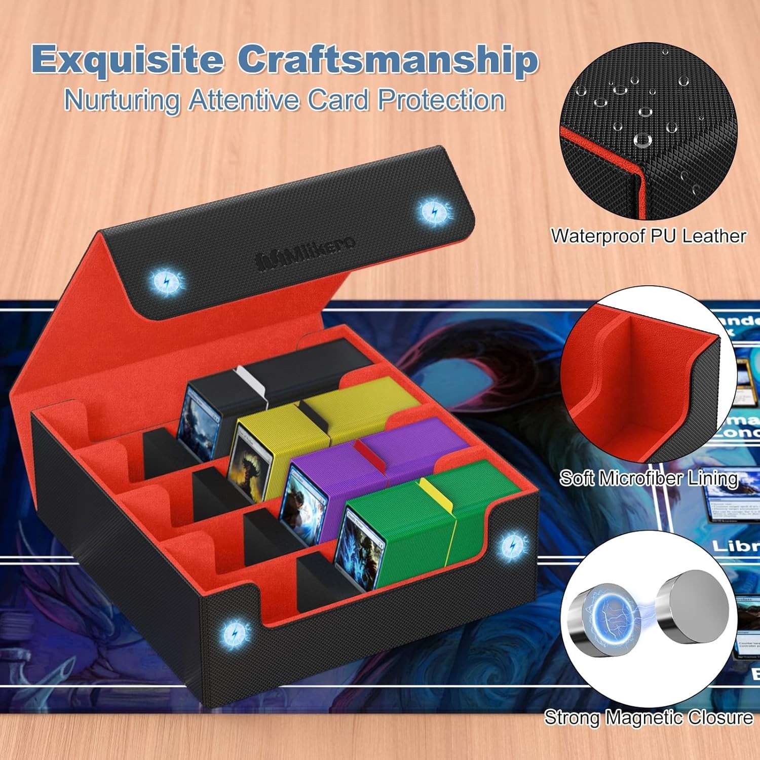 Black & Red Card Storage Box: Large Capacity with Colorful Dividers