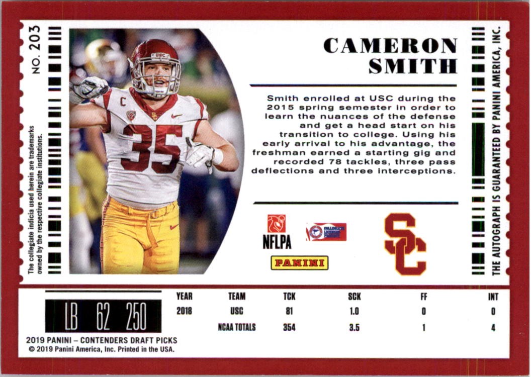 2019 Panini Contenders Draft Picks #203 Cameron Smith RC Auto – FB