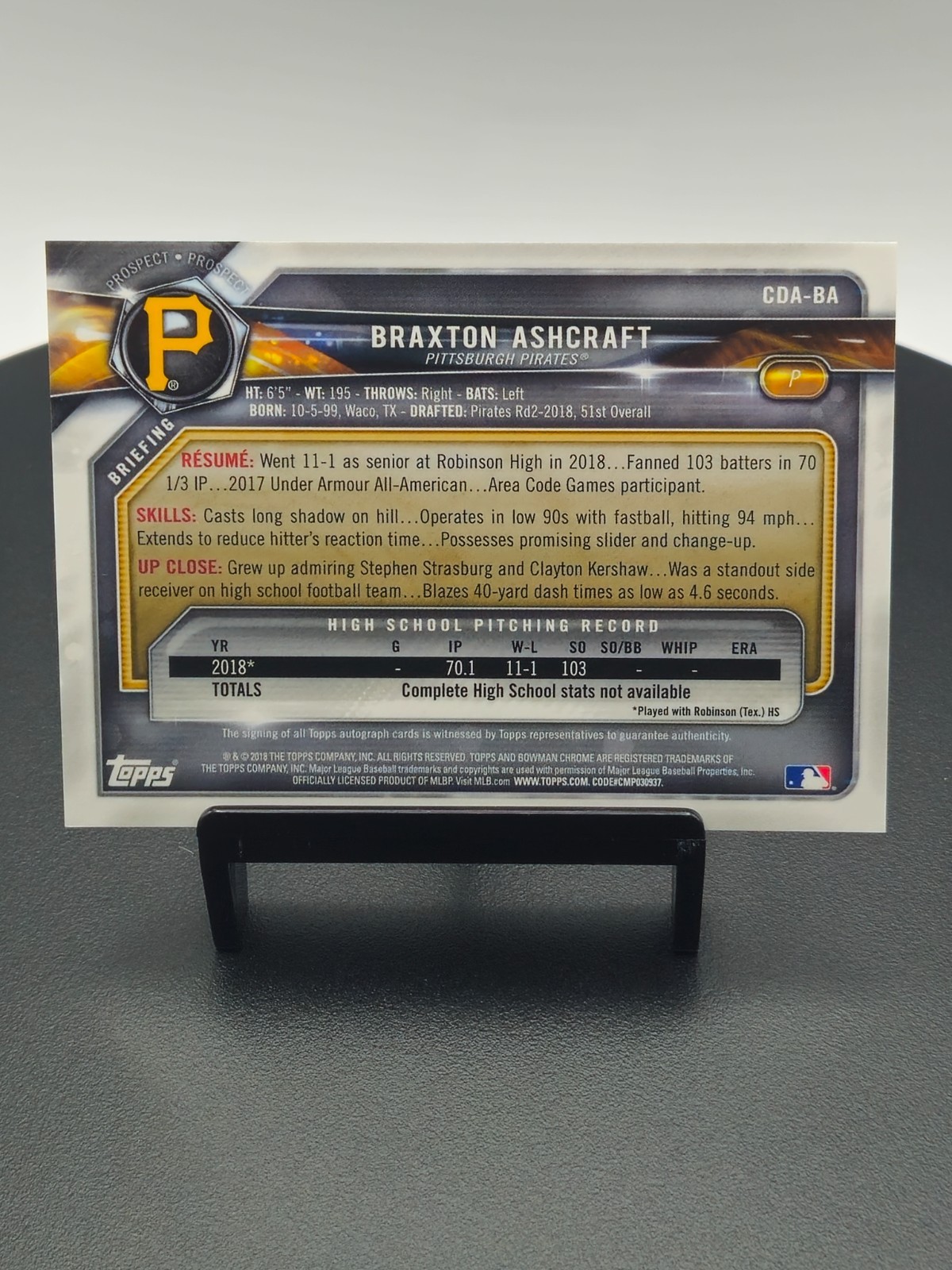 2018 Bowman Chrome Braxton Ashcraft 1st Auto Purple Refractor /250 Pirates