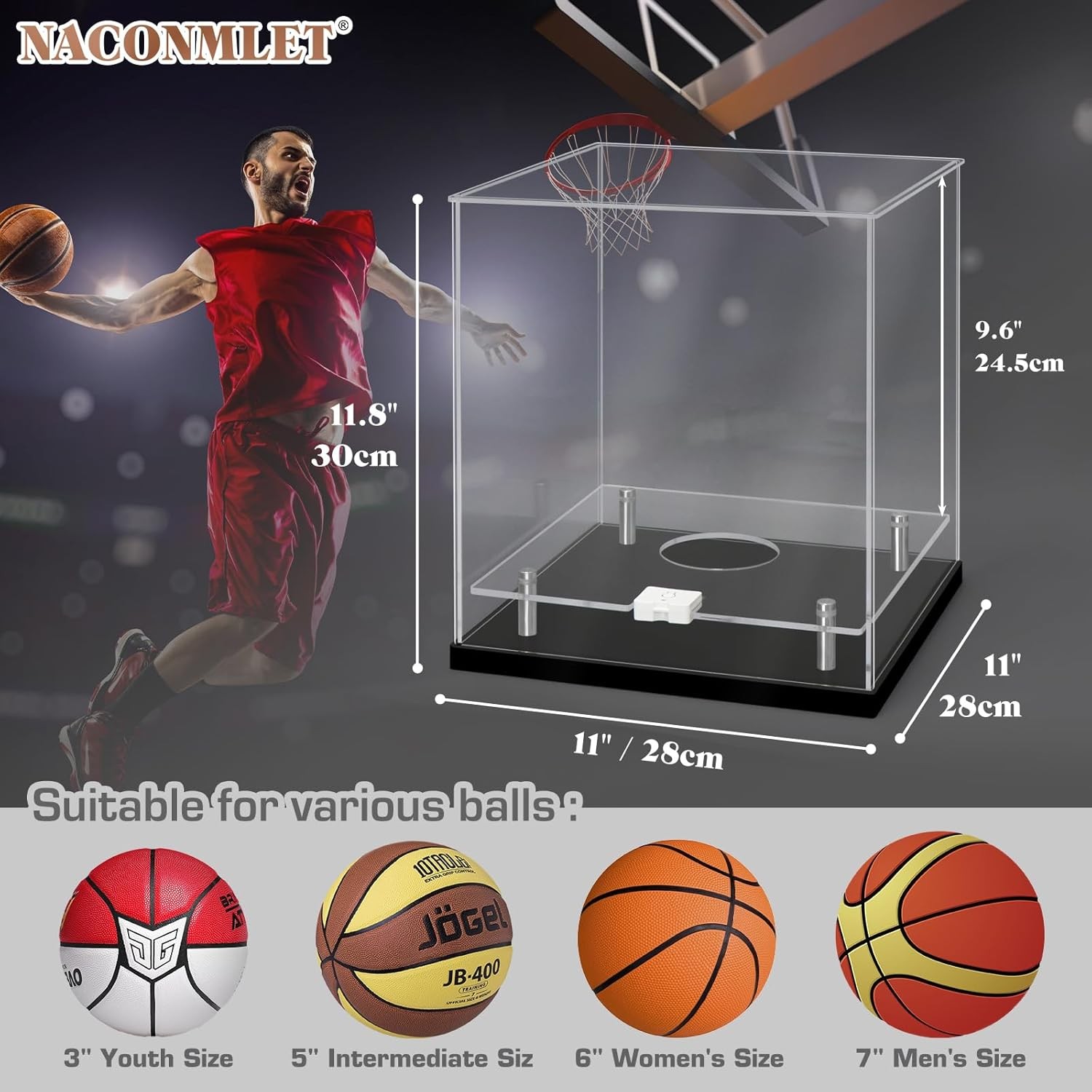 Basketball Display Case w/ LED Light Clear Acrylic Stand for Sports Collectibles