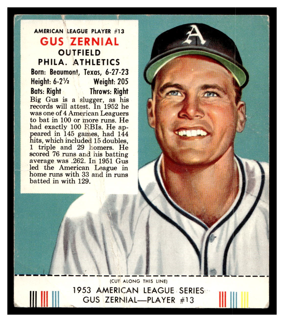 1953 Red Man BASEBALL #AL13 Gus Zernial With Tab RM2