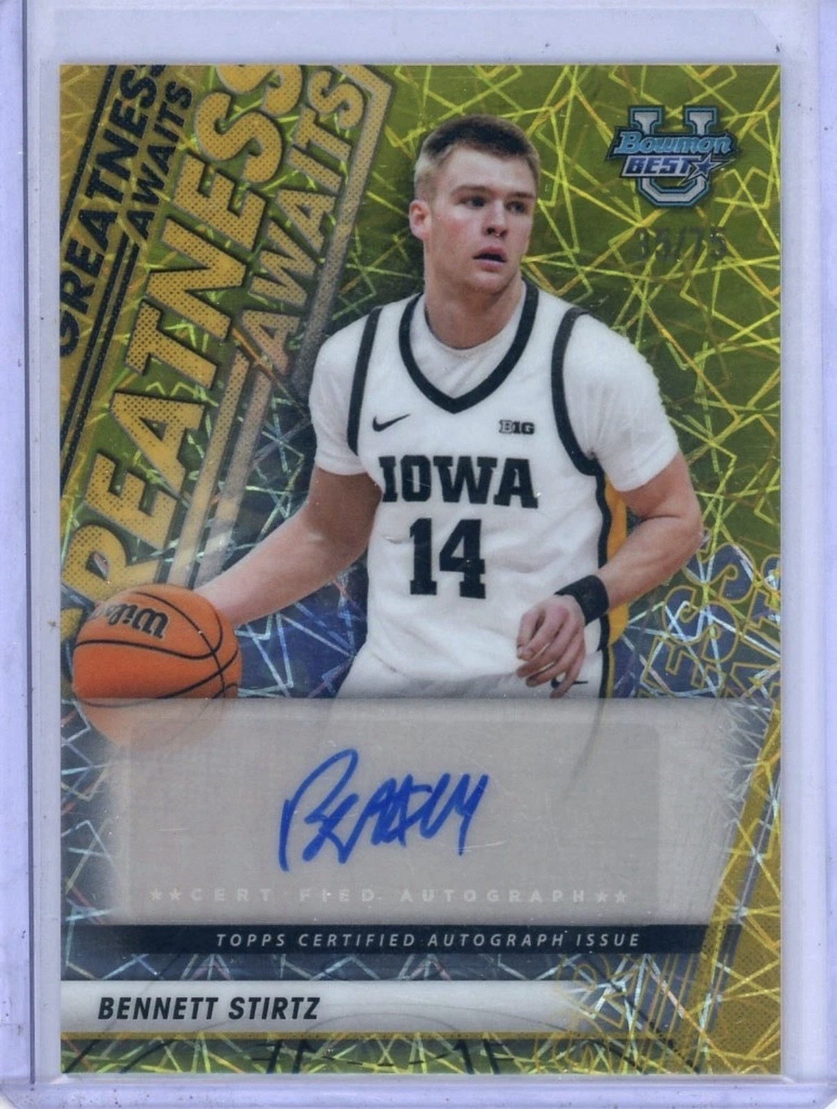 2025-26 Bowman U Best Bennett Stirtz Greatness Awaits Yellow Lazer Auto #/75