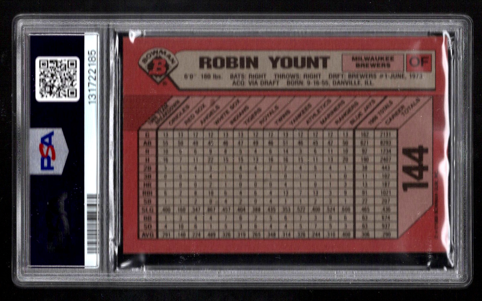 ROBIN YOUNT 1989 BOWMAN BASEBALL CARD #144 PSA 10 GEM MINT GRADED BREWERS HOF