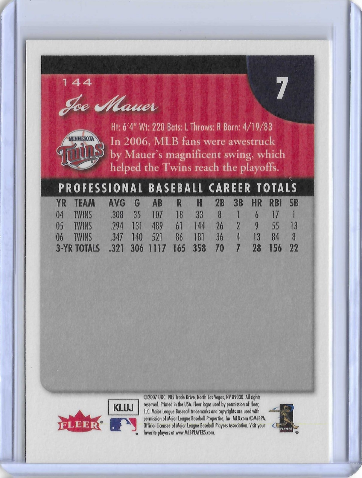 2007 Fleer – No. 144 – Joe Mauer – Minnesota Twins – Catcher