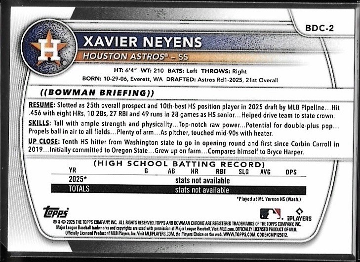 2025 Bowman Draft 1st Chrome Xavier Neyens Astros #BDC-2