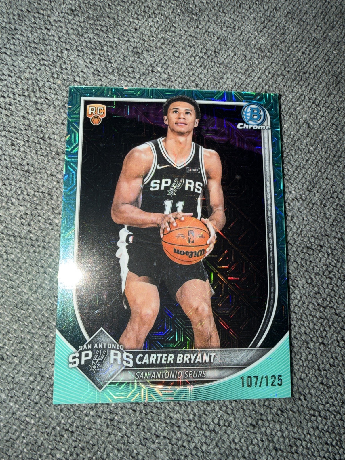 2025-26 Bowman Carter Bryant Chrome RC Aqua Mojo Refractor Rookie #/125 Spurs