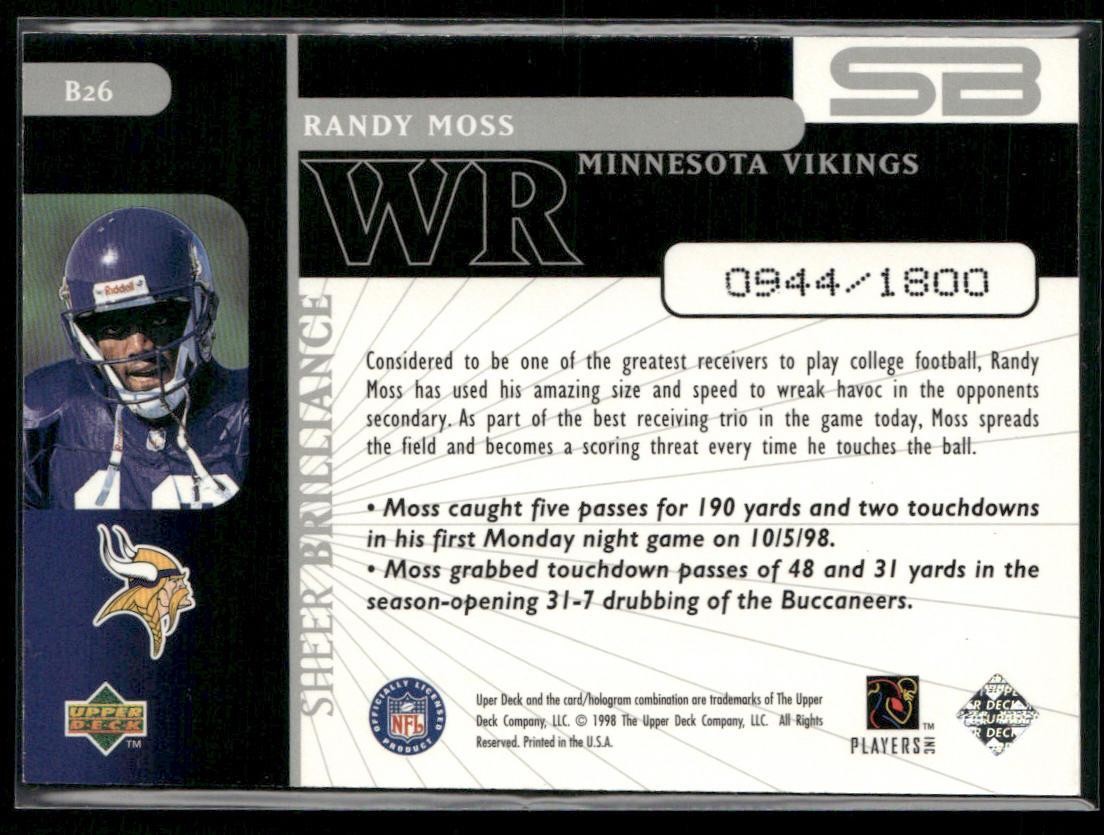 1998 Upper Deck Black Diamond Rookie #B26 Randy Moss Sheer Brilliance #/1800
