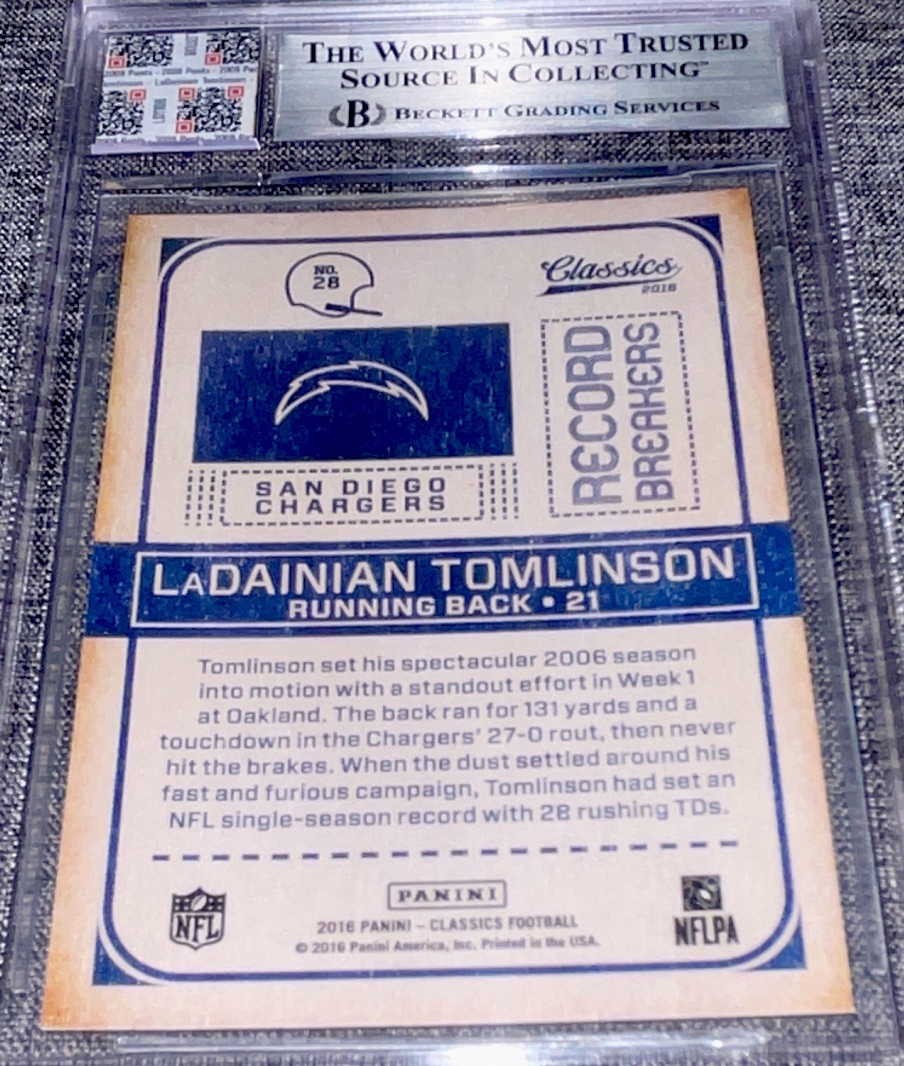 Panini 2016 Record Breakers LaDainian Tomlinson BGS 9-2008 GU Pants #28 Chargers