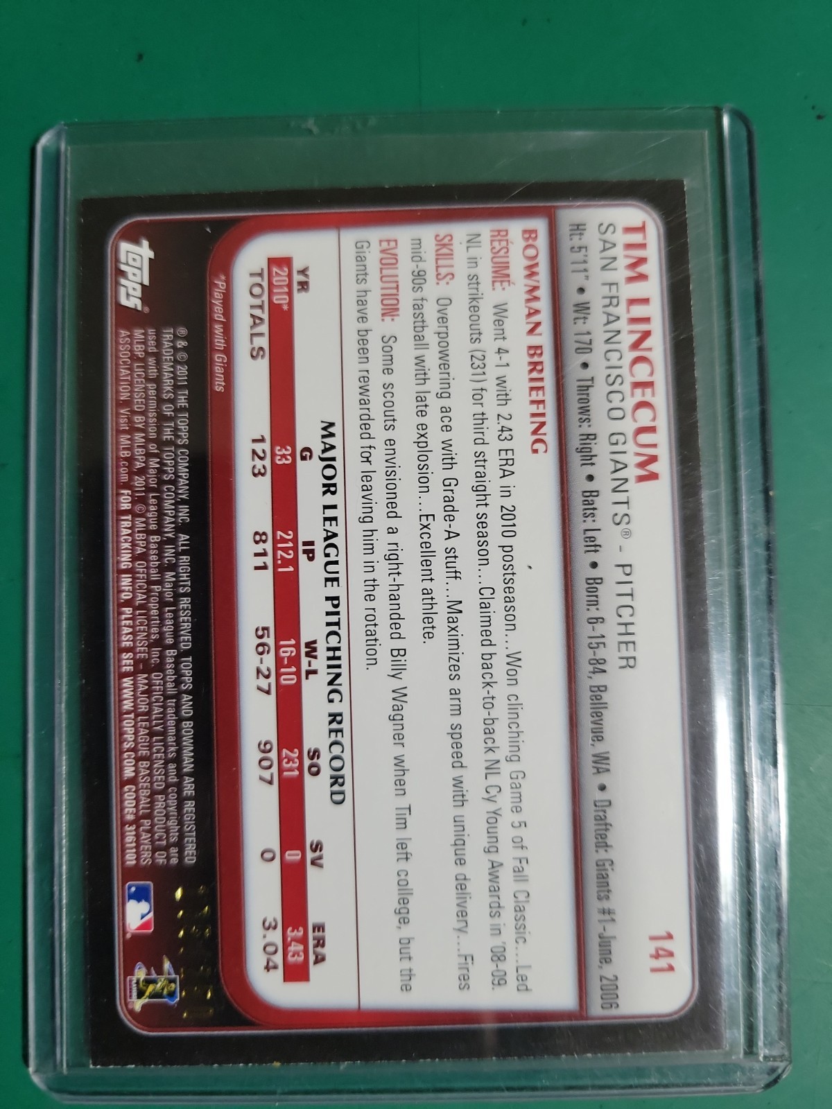 2011 Bowman Baseball Paper Orange Tim Lincecum 175/250
