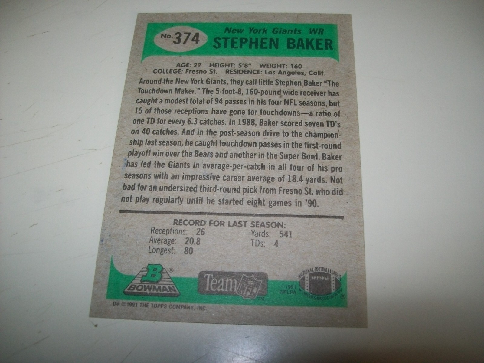 1991 BOWMAN STEPHEN BAKER AUTOGRAPH SIGNED AUTO #374 NEW YORK GIANTS