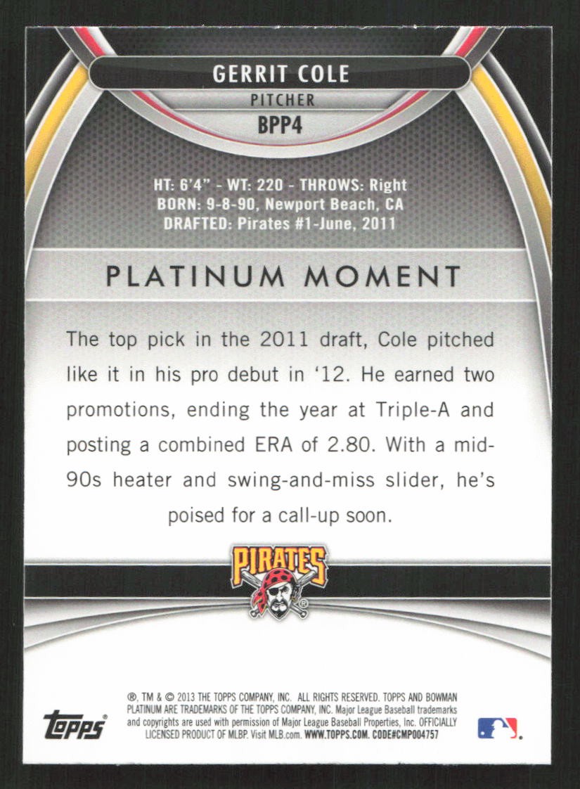 2013 Bowman Platinum Gerrit Cole Prospects #BPP4 Card
